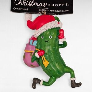 Christmas Shoppe Pickle Ornament with Santa Hat and Toy Bag